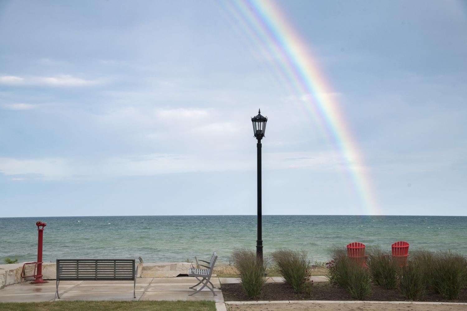 A beautiful rainbow is spotted over Lake Michigan.